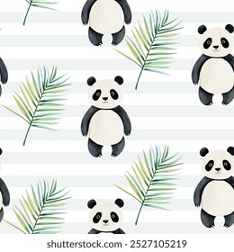 Cute seamless pattern with watercolor panda. Childish jungle background. Watercolor baby panda wallpaper. 