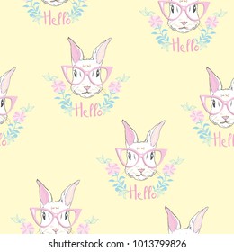 cute seamless pattern with watercolor rabbits. Easter bunnies and dots