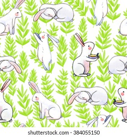 cute seamless pattern with watercolor rabbits. Easter bunnies and leaf lavender of Provence