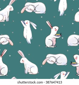 cute seamless pattern with watercolor rabbits. Easter bunnies and magic silver stars