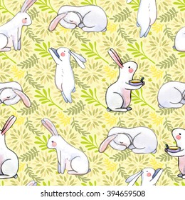cute seamless pattern with watercolor rabbits and floral background. Easter bunnies