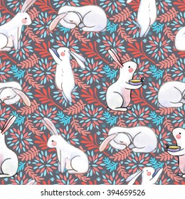 cute seamless pattern with watercolor rabbits and floral background. Easter bunnies