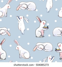 Cute Seamless Pattern With Watercolor Rabbits. Easter Bunnies And Dots