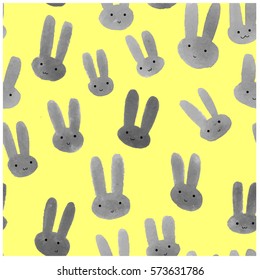 Cute seamless pattern with watercolor rabbits. Modern trendy hipster background. Grey rabbi on yellow background.
