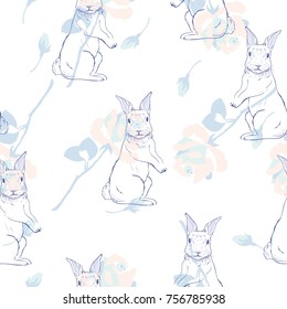 cute seamless pattern with watercolor rabbits. Easter bunnies and dots