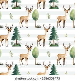 Cute seamless pattern with watercolor reindeer and pine. Forest wildlife backgrounds. Watercolor woodland