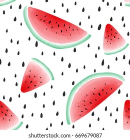 Cute seamless pattern with watercolor styled watermelon slices and seeds on white background. Vector illustration.