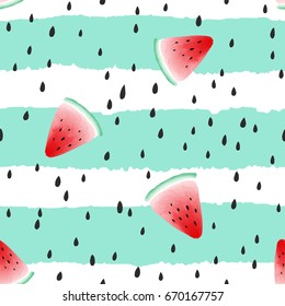 Cute seamless pattern with watercolor styled watermelon slices and seeds on cyan and white hand drawn striped background. Vector illustration.