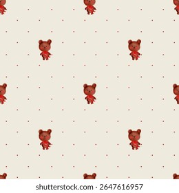 Cute Seamless pattern with watercolor teddy bear and polka dots. Designe for print, fabric, wallpaper, wrapping paper.	