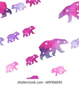 Cute seamless pattern with watercolor winter polar bear. Mother and her child. Constellation bears. Cute children pattern. Perfect for background paper or textiles.