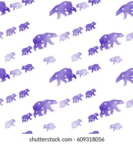 Cute seamless pattern with watercolor winter polar bear. Mother and her child. Constellation bears. Cute children pattern. Perfect for background paper or textiles.