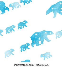 Cute seamless pattern with watercolor winter polar bear. Mother and her child. Constellation bears. Cute children pattern. Perfect for background paper or textiles.