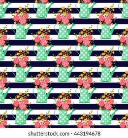 Cute seamless pattern with watering can and flowers. Striped background. Vector illustration.