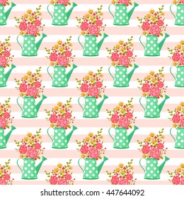 Cute seamless pattern with watering can and flowers. Striped background. Vector illustration.