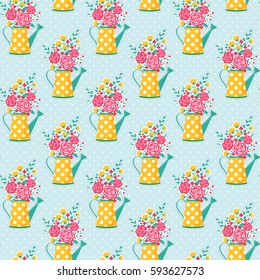 Cute seamless pattern with watering can and flowers. Polka dot background. Vector illustration.