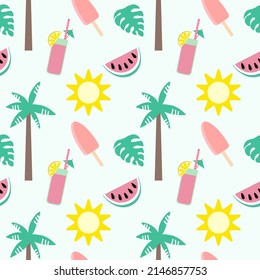 Cute seamless pattern with watermelon, lemon and palm in pastel colours. Summer print for textiles, wrapping paper and other designs. Vector flat illustration EPS