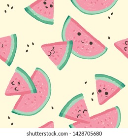 Cute seamless pattern with watermelon and seeds. Happy sliced watermalon