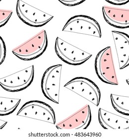 Cute seamless pattern with watermelon slices drawn in ink on a white background.