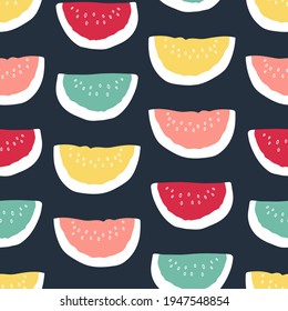 Cute seamless pattern with watermelon. Vibrant color slices of watermelon on deep blue background. Trendy colors. Vector pattern for wrapping paper, package, fabric print, kids textile and other.