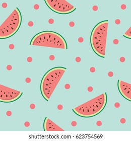 Cute seamless pattern with watermelons on blue background. Vector.