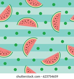Cute seamless pattern with watermelons on blue background. Vector.