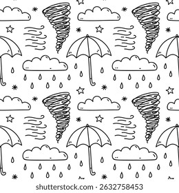 Padrão perfeito bonito com elementos meteorológicos - nuvens, chuva, vento, guarda-chuva, tornado, neve. Ilustração de doodle à mão desenhada por vetor. Perfeito para impressão, papel de parede, decorações.