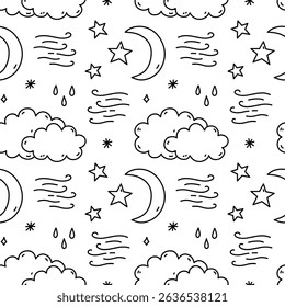 Cute seamless pattern with weather elements - clouds, rain, wind, moon and stars. Vector hand-drawn doodle illustration. Perfect for print, wallpaper, decorations.