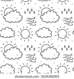 Cute seamless pattern with weather elements - sun, clouds, rain, wind. Vector hand-drawn doodle illustration. Perfect for print, wallpaper, decorations.