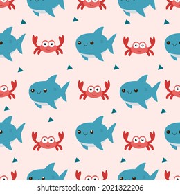 Cute seamless pattern with cute whale and crab.
Colorful sea animal pattern. Vector illustration