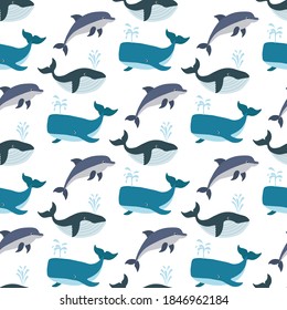 Cute seamless pattern with whale, dolphin, sperm whale on a white background. Sea animals in a flat style. Cartoon wildlife for web pages.
Stock vector illustration for decor and design, textiles
