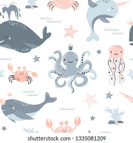 Cute seamless pattern with whale, narwhal, octopus, jellyfish, starfish, crab. Creative kids texture for fabric, wrapping, textile, wallpaper, apparel. Vector illustration.