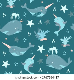 Cute seamless pattern with whale, narwhal, octopus, jellyfish, starfish, crab. Creative kids texture for fabric, wrapping, textile, wallpaper, apparel. Vector illustration.