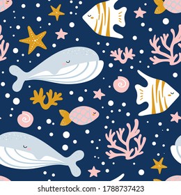 Cute seamless pattern with whale, narwhal, octopus, jellyfish, starfish, crab. Creative kids texture for fabric, wrapping, textile, wallpaper, apparel. Vector illustration.
