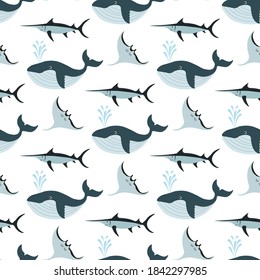 
Cute seamless pattern with whale, stingray, swordfish on a white background. Sea animals in a flat style. Cartoon wildlife for web pages.
Stock vector illustration for decor, design, textiles,
wallpa