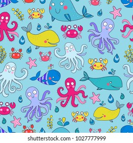 Cute seamless pattern with whales and octopus. Perfect design for children.