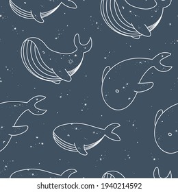 Cute seamless pattern with whales and stars. 