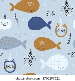 Cute seamless pattern with whales,  and unicorn cat. Creative undersea childish background. Blue background.