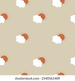 Cute seamless pattern of whimsical clouds with the sun in shades of boho style. Children design for nursery, fabrics, textiles, packaging, wallpaper. Vector
