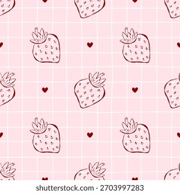 Padrão perfeito sem emenda com morangos caprichados, corações minúsculos e grade macia, perfeito para projetos Valentine, embalagem doce, papel de carta feminino e impressões estéticas românticas.