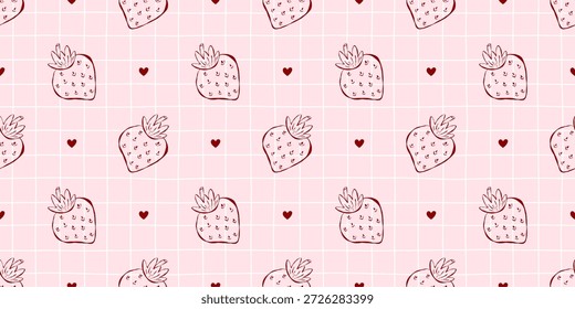 Cute seamless pattern with whimsical strawberries, tiny hearts and soft grid, perfect for Valentine designs, sweet packaging, girly stationery and romantic aesthetic prints.