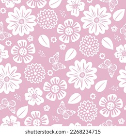 Cute seamless pattern with white beautiful flowers, leaves and butterfly on pink background