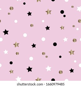 Cute Seamless pattern with white, black and golden stars and dots on pink background. Ideall for kids fabric, wallpaper, wrapping paper, pattern fills, textile textures. Vector Eps10 cartoon style