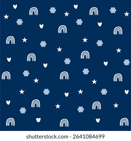 Cute seamless pattern white and blue rainbows with hearts stars polka dot white print , fabric design, baby shower party design
