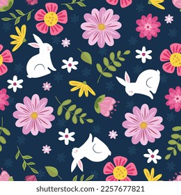 Cute seamless pattern with white bunny and beautiful flowers