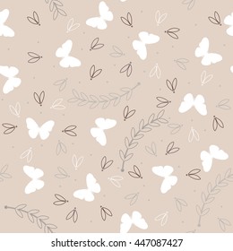 Cute seamless pattern with white butterflies and plants can be used for design fabric, textile, linens and more creative designs.