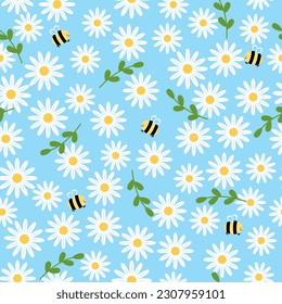 Cute seamless pattern with white camomile, green leaves and smiling bee 