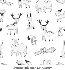 Cute seamless pattern with white cartoon polar bear, rabbit and flying owl. Funny hand drawn texture with sea-bear, rabbit and bird for kids design, wallpaper, textile, wrapping paper