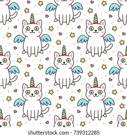 Cute seamless pattern with white cat in a unicorn costume with wings and rainbow horn. It can be used for packaging, wrapping paper, textile and etc.