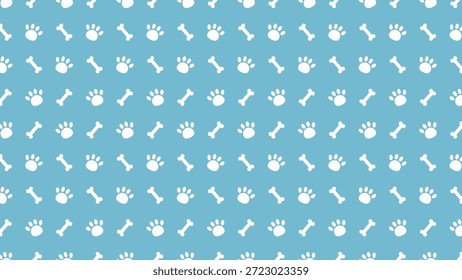 Padrão perfeito bonito de patas e ossos de cães brancos em um fundo azul. Perfeito para acessórios de animais de estimação, papel de parede de berçário, serviços veterinários e design de padrão de superfície com tema canino