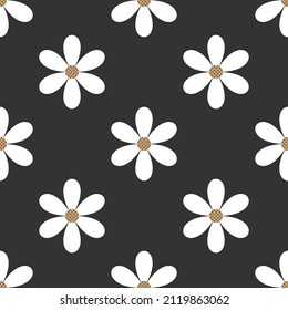 adorable patrón impecable de flores blancas sobre fondo negro. Ilustración vectorial.